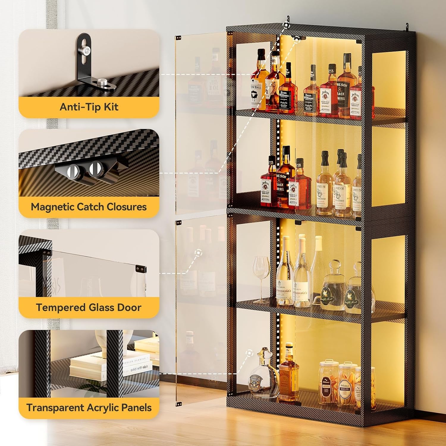 Glass Display Cabinet with RGB LED Light, 160X70X30Cm, Black | Display Cases with 3 Color Lights, Modern Storage Cabinet with Glass Door, Tall Bookcase for Home Office, Living Room