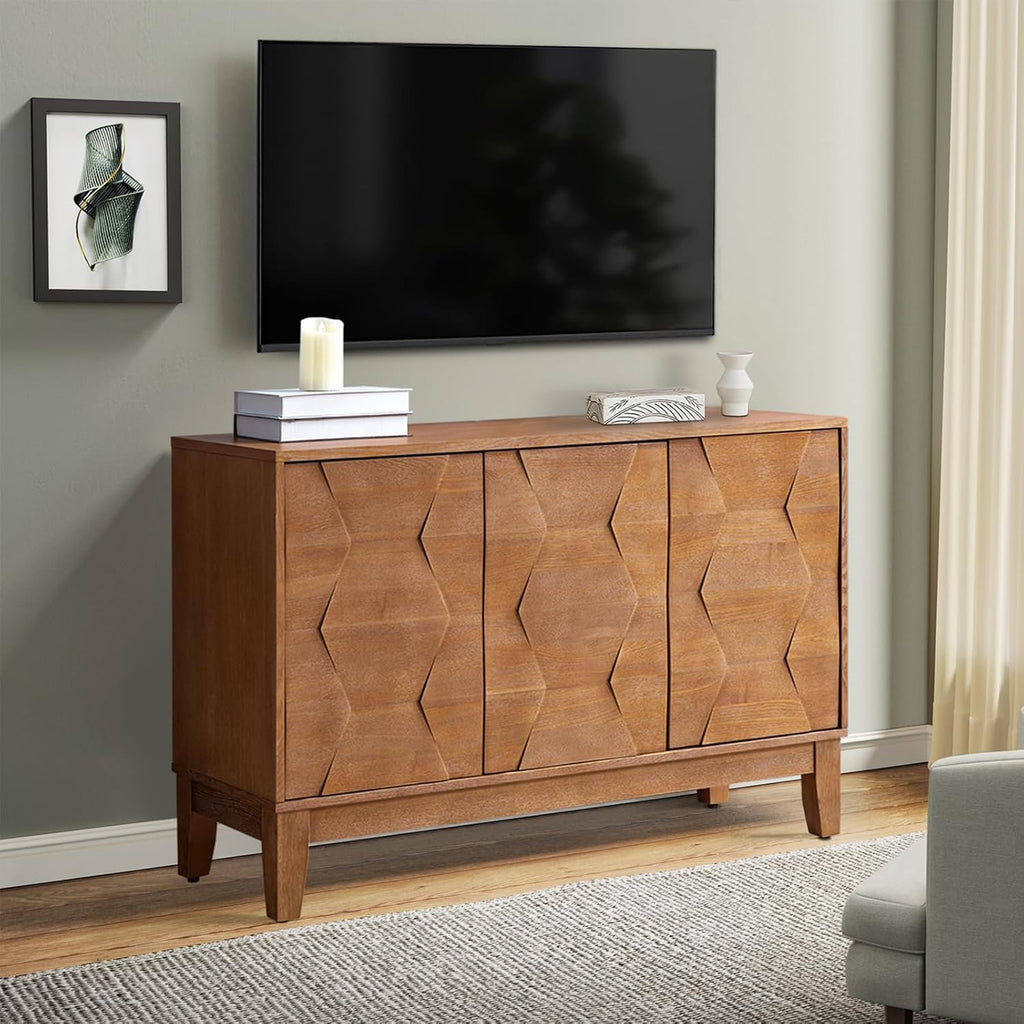 115 Cm Wooden Sideboard with Adjustable Shelves, Seadrift | 3-Door Storage Cabinet with Hexagonal Door Design, Solid Wood Legs, Ample Storage for Living Room, Dining Room, Easy Assembly