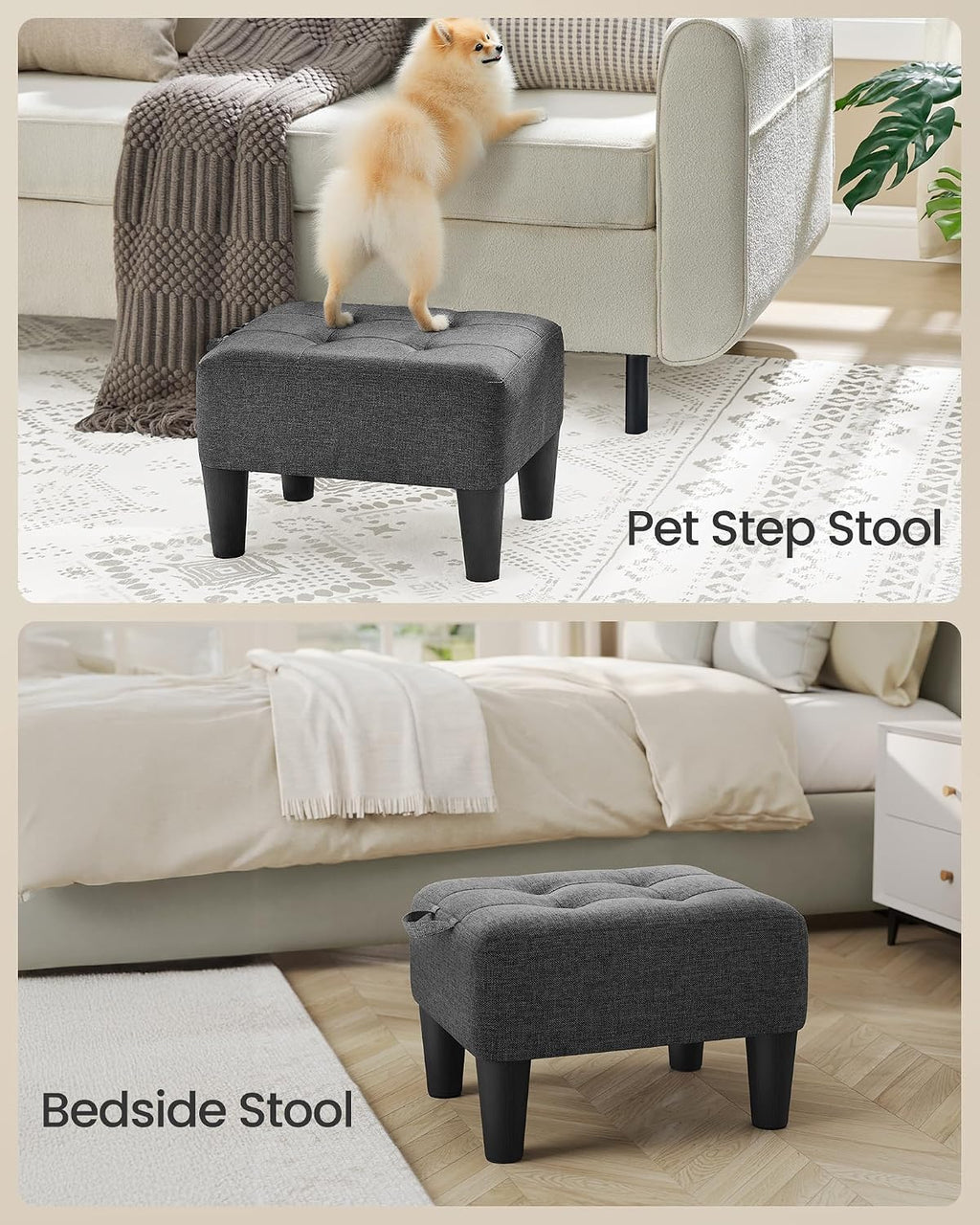 Foot Stool, Linen-Look Fabric Ottoman with Thick Cushion | Footstool, 150 Kg Weight Capacity, for Living Room, Bedroom, Entryway, Slate Grey and Ink Black LOM502G02