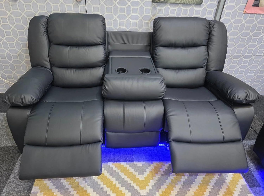 Madrid Leather Electric Recliner Sofa with Cupholders - Leather Sofa - 3+2 Seater - USB Charging Ports - LED Lights (Black, 3 Seater)