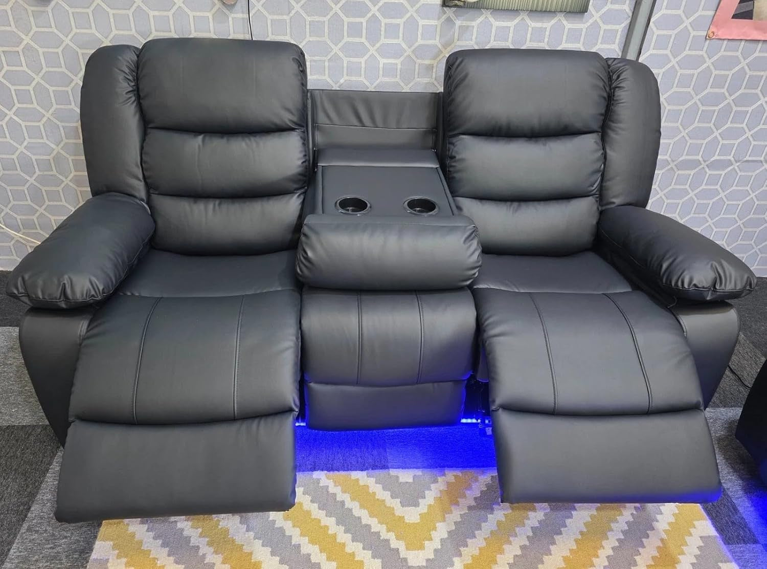 Madrid Leather Electric Recliner Sofa with Cupholders - Leather Sofa - 3+2 Seater - USB Charging Ports - LED Lights (Black, 3 Seater)