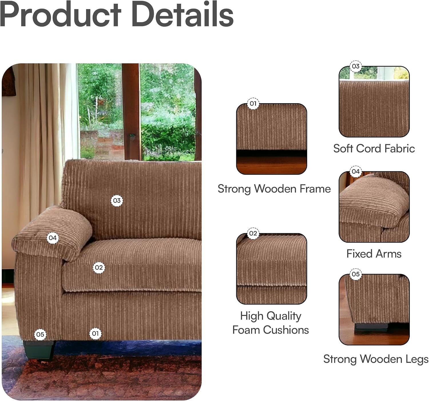 Bliss Furniture Amalfi Jumbo Cord 3+2 Seater Sofa Set for Family Living Rooms – Matching 3 Seater + 2 Seater, Soft Corduroy, Birch Frame, Memory Foam – High Back Couch Set (Beige, 3+2 Seater)
