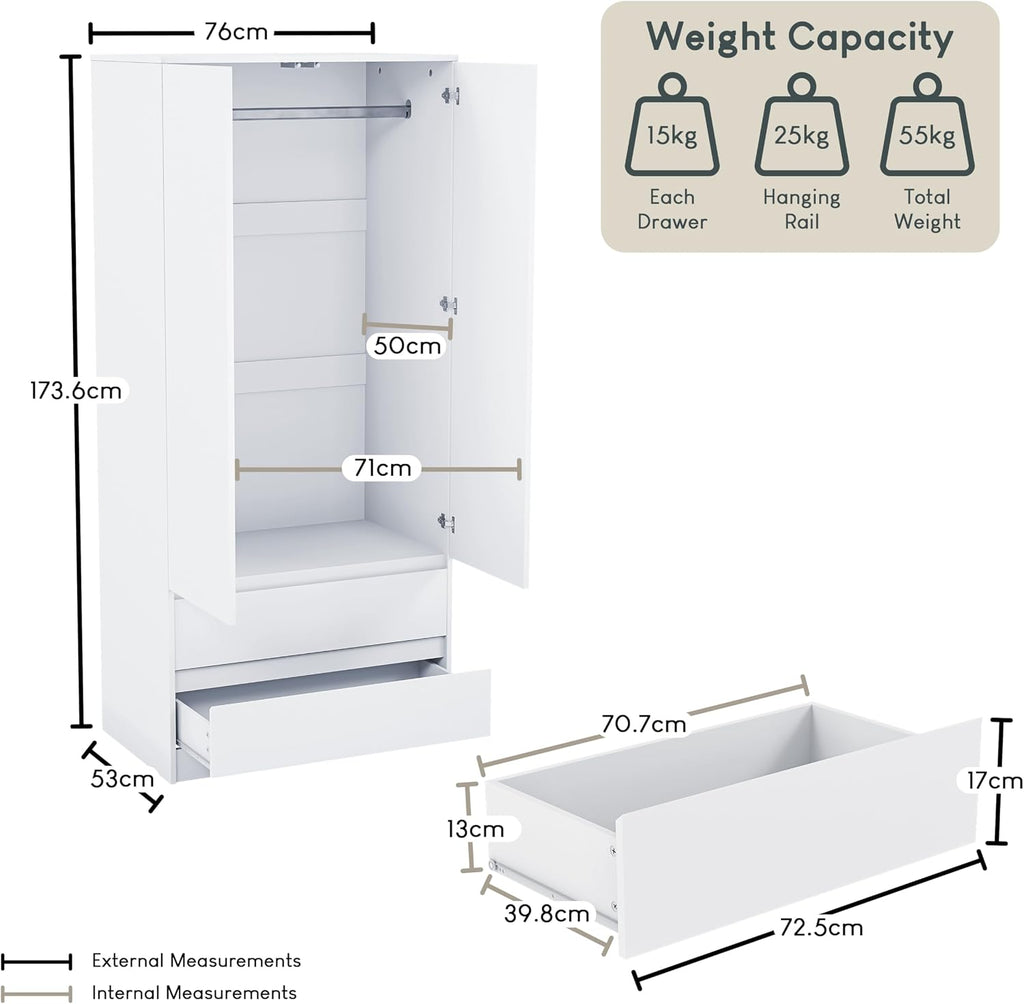Denver 2 Door & 2 Drawer Wardrobe | White | Bedroom Furniture | 174H X 76W X 53D Cm | with Spacious Drawers & Hanging Rail | Large Capacity Storage