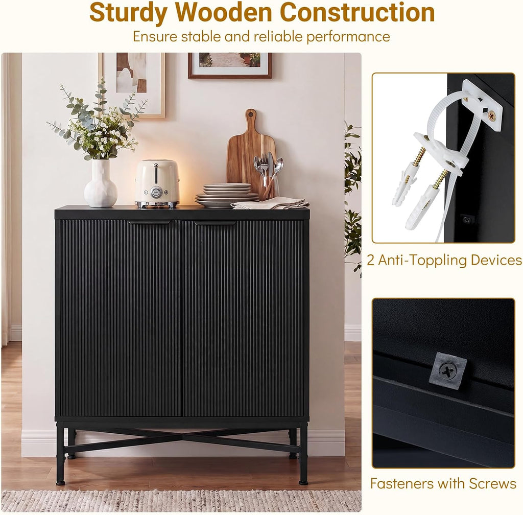 Fluted Buffet Sideboard, 2 Door Storage Cabinet with Metal Legs | Adjustable Shelf, X-Shaped Design, Anti-Tipping Kit, Modern Coffee Bar Cabinet for Living Room Dining Room Hallway (Black)