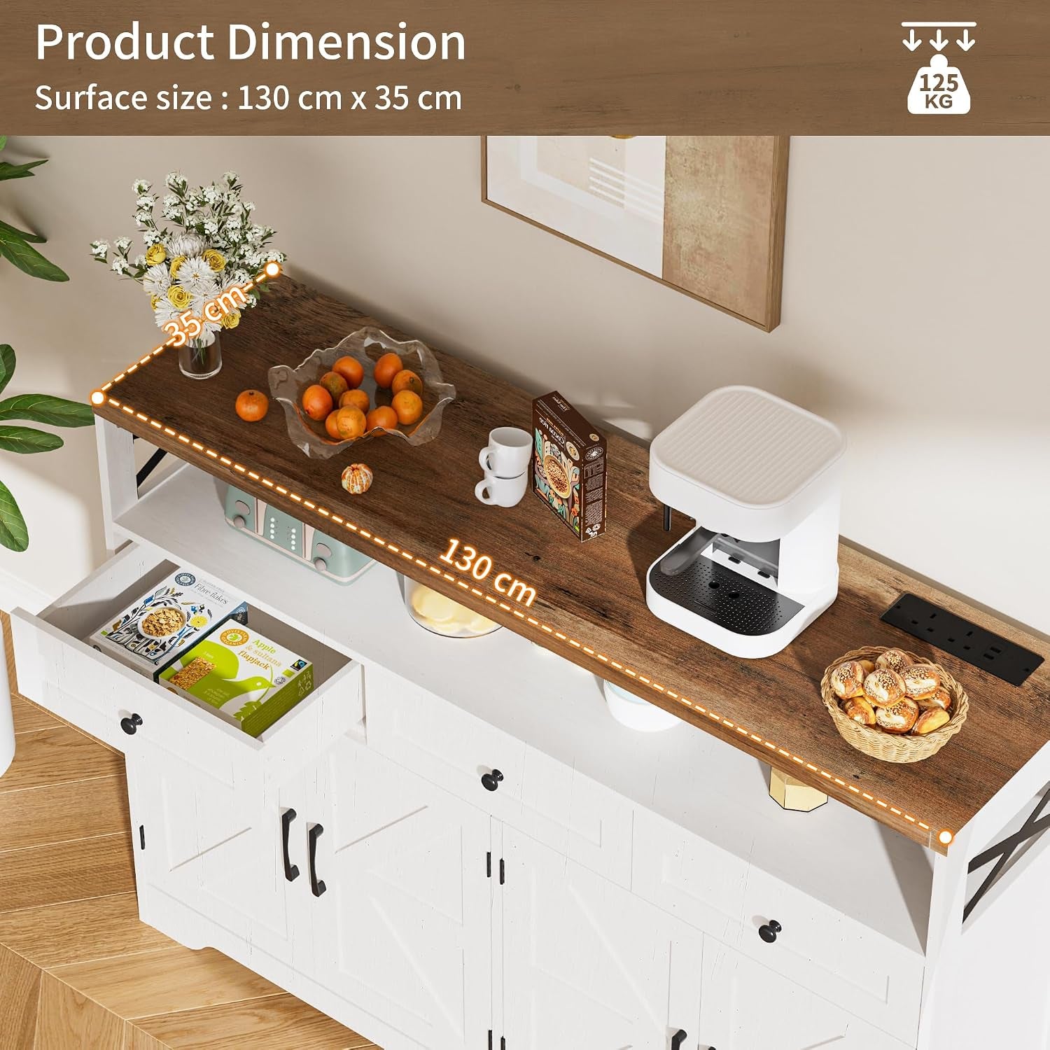Sideboards Cabinet with Power Outlets,Wooden Storage Sideboard with Adjustable Shelf,3 Drawers and Open Shelf,Buffet Cupboard for Living Room,Kitchen,Hallway, Dining Room,Woodgrain White