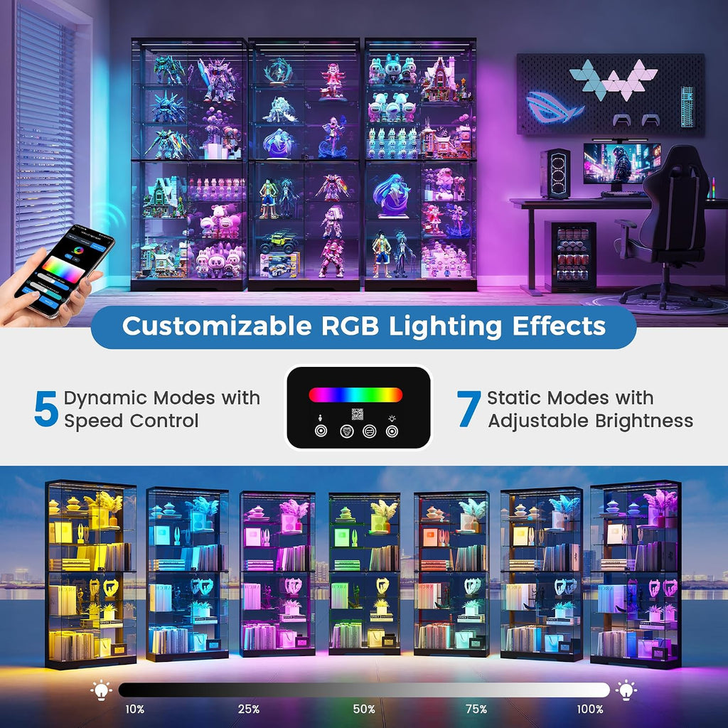 180Cm Glass Display Cabinets with RBG Lights for Collectibles,Black | 10-Tier Curio Cabinet with Lockable, Display Cases with Human Body Sensor and Glass Shelves for Books, Toys