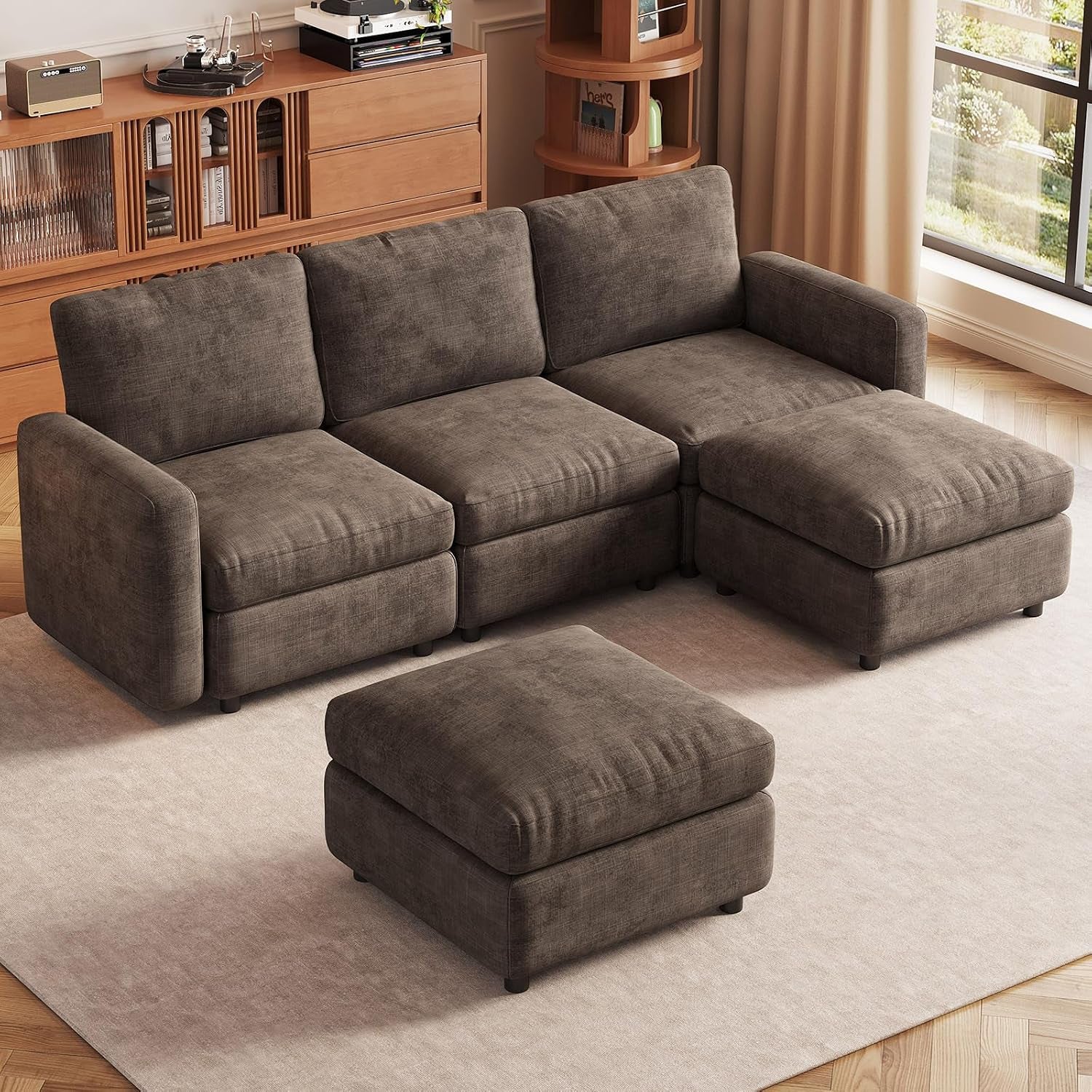 90.15" Large Modular Sectional Sofa, 5-Seater U-Shaped Couch with 2 Storage Ottoman, Deep Seat & Comfortable Upholstery, Wooden Frame for Apartment & Office, Brown