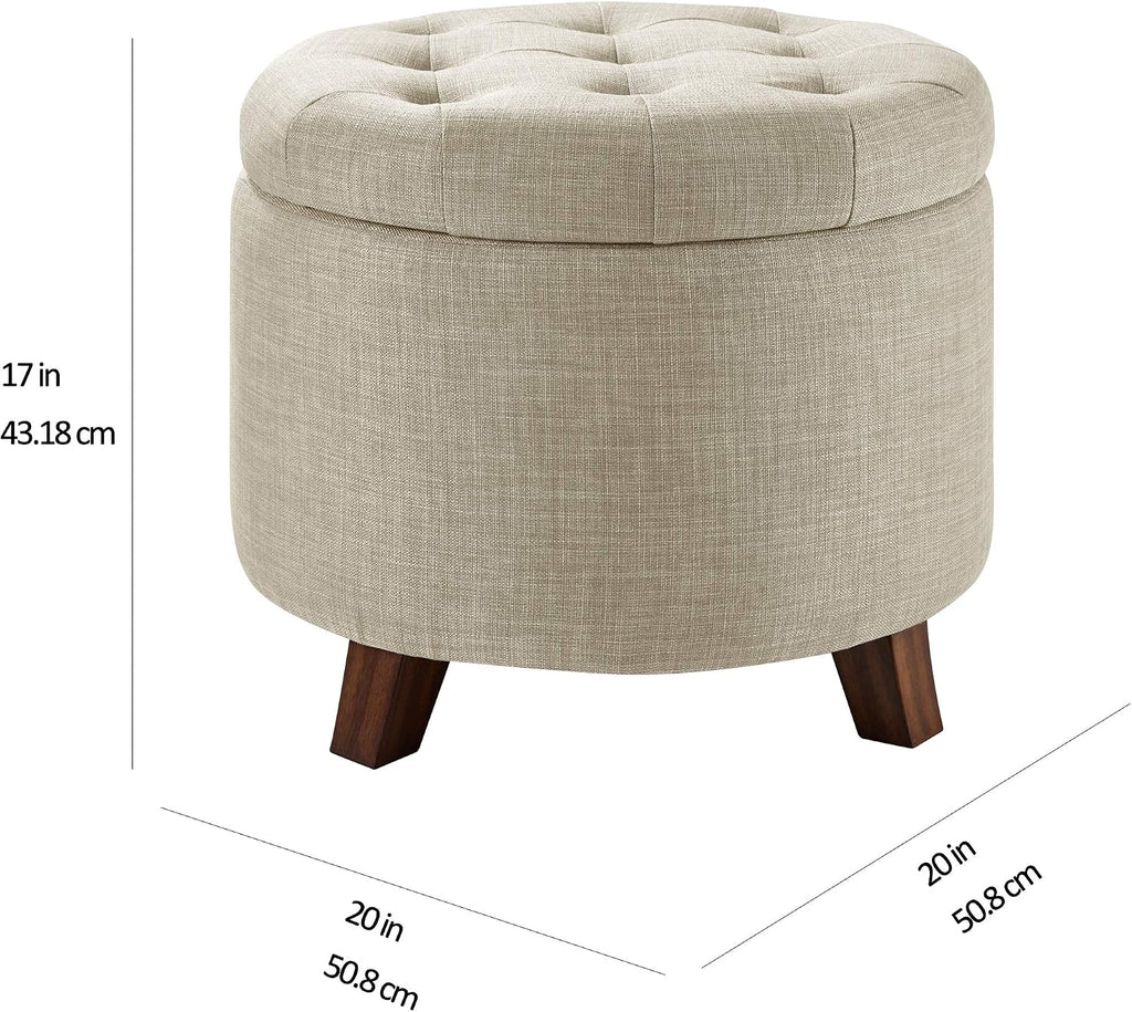 Upholstered Linen Tufted Storage round Ottoman Footstool, 50.8 X 43.2 X 50.8 Cm, Burlap Beige
