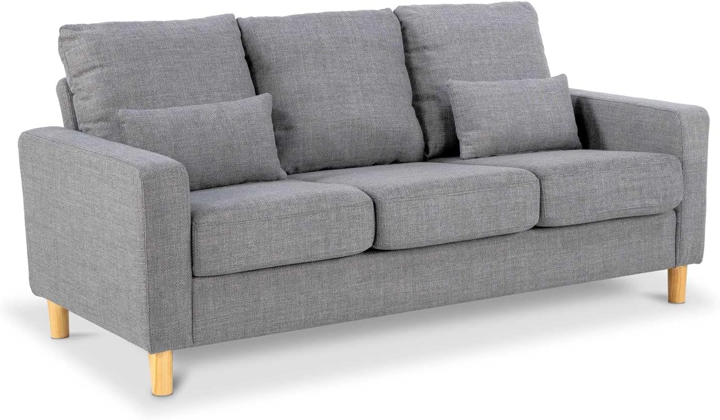 3 Seater Sofa with Square Arms, Light Grey Fabric | 184 Cm Wide; Fabric Upholstery; Square Arms; 2 Lumbar Cushions; 15 Cm Raised Legs; Self-Assembly
