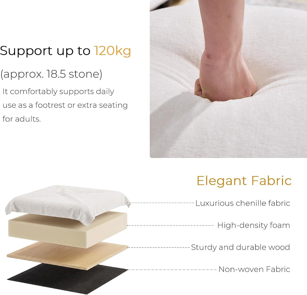 round Ottoman Foot Stool, Large Pouffe Footstool, White | Chenille Upholstered Foot Rest, Wood Frame, 57.5Cm Width, 120Kg Capacity, No Assembly Stool for Living Room Bedroom Hallway