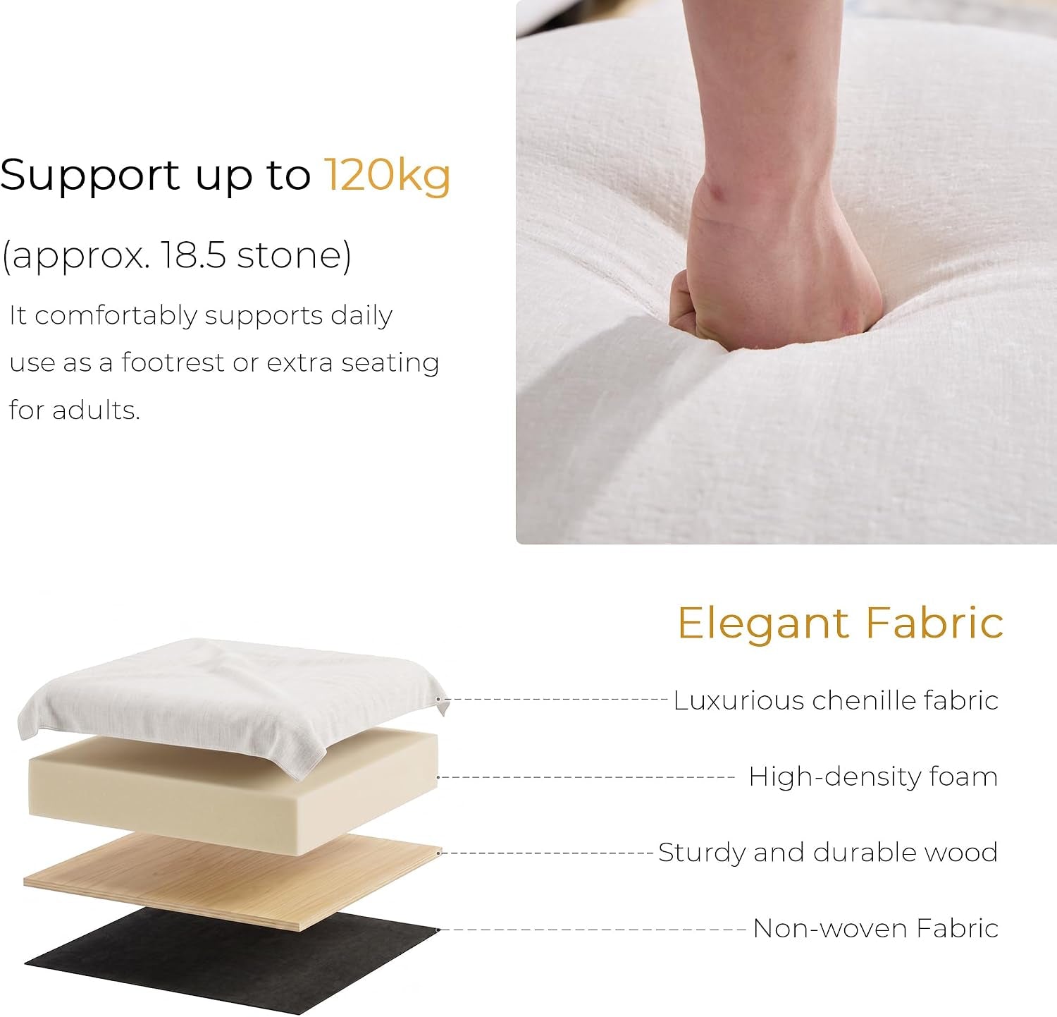 round Ottoman Foot Stool, Large Pouffe Footstool, White | Chenille Upholstered Foot Rest, Wood Frame, 57.5Cm Width, 120Kg Capacity, No Assembly Stool for Living Room Bedroom Hallway