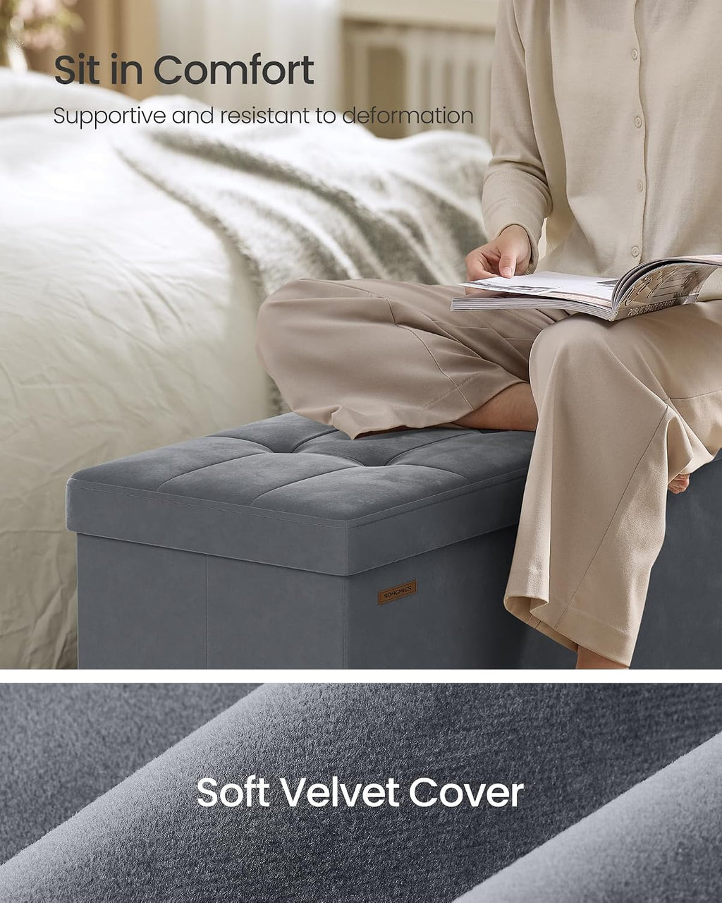 Storage Ottoman, 38 X 110 X 40 Cm, Folding Storage Bench with Lid, Footstool, Footrest, 112 L, Velvet Surface, for Bedroom, Hallway, Living Room, Slate Grey LSF0518G03