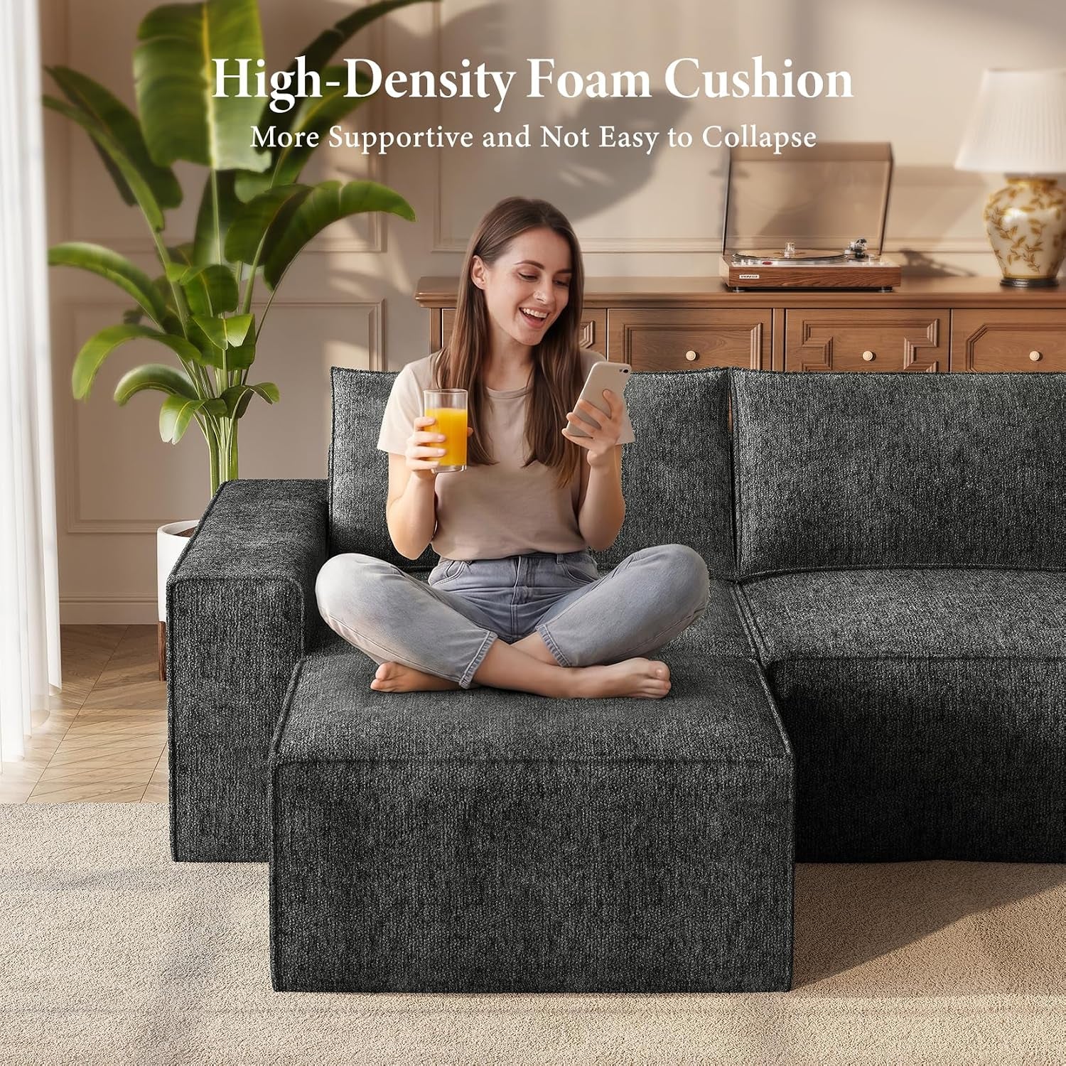 285Cm Boneless Corner Sofa, Deep Seat Large Modular Couch, Grey | Cloud Comfort, No Assembly Required, Easy Rearrangement, Sectional Living Room Couch for Apartment, Compressed Sofa Chenille