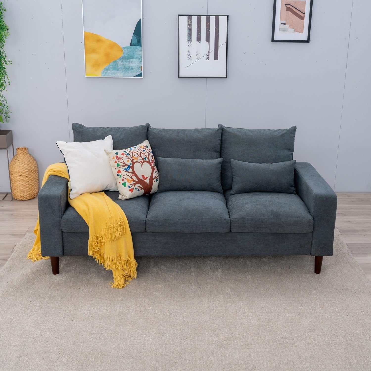 3 Seater Sofa Linen Fabric Sofa Settee Couch Lounge Sofa Living Room Furniture Wood Legs, Grey 3 Seater