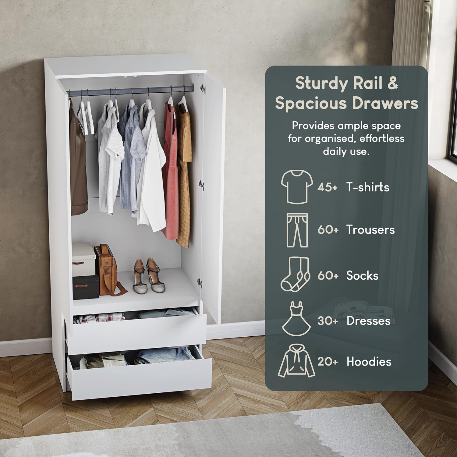 Denver 2 Door & 2 Drawer Wardrobe | White | Bedroom Furniture | 174H X 76W X 53D Cm | with Spacious Drawers & Hanging Rail | Large Capacity Storage