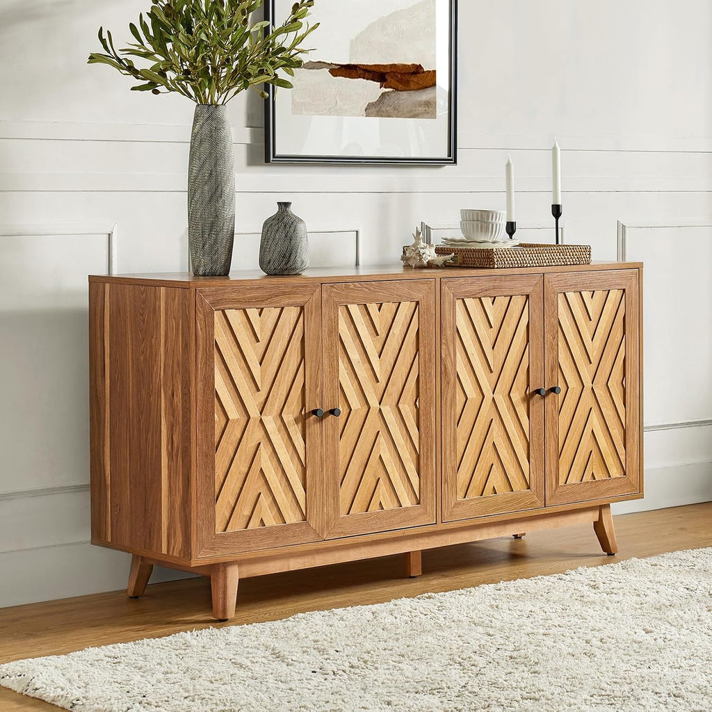 145 Cm Mid-Century Sideboard with Adjustable Shelves, Walnut | 4-Door Storage Cabinet with Chevron-Patterned Design, Solid Wood Legs, Ample Storage for Living Room or Dining Room