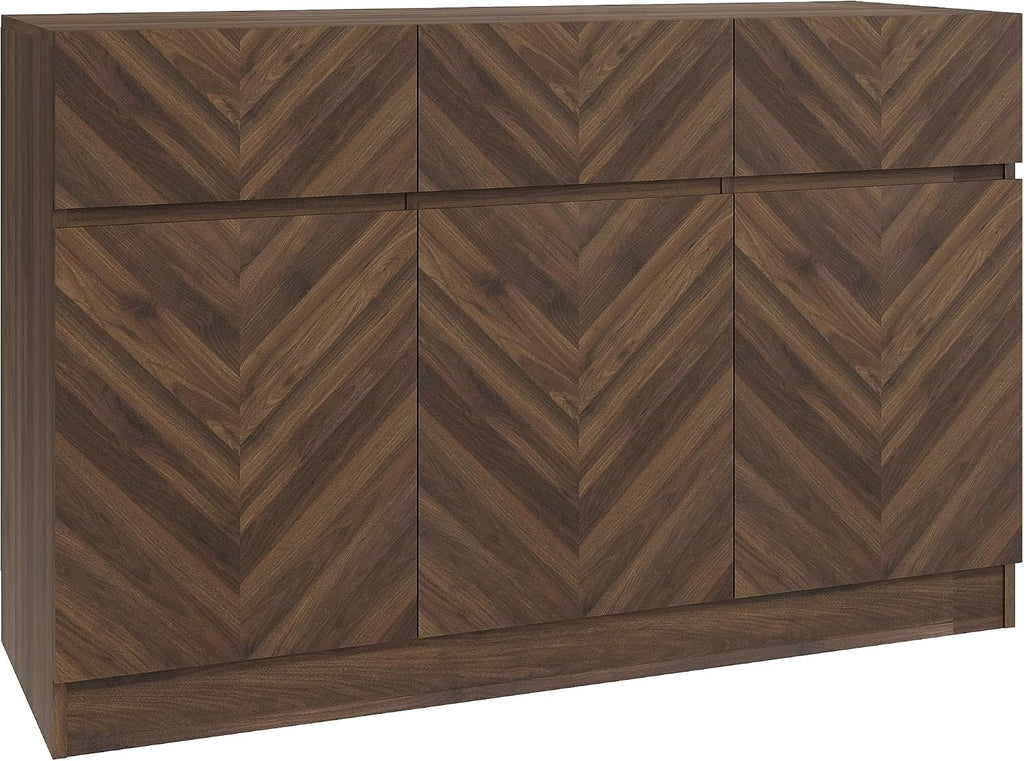 Catania Narrow Large Sideboard Cabinet Unit with 3 Storage Drawers & 3 Storage Cupboards, Walnut Furniture for Living Room, Dining Room, Hallway & Office, Royal Walnut D39.8 X H76 X W118.8Cm