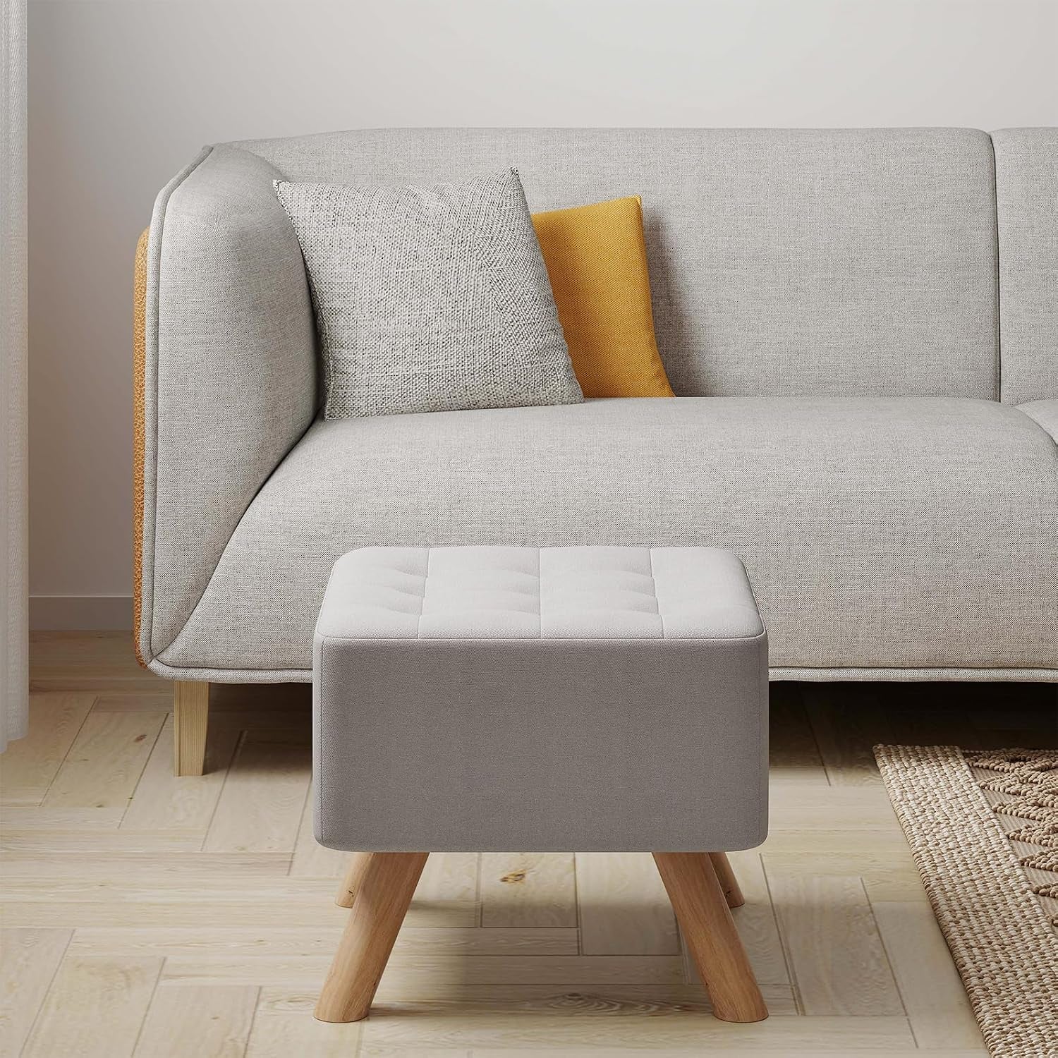 Linen Fabric Footstool Square Upholstered Stool Pouffe Stool Change Shoe Footrest Wooden Legs for Living Room Bedroom (Beige)