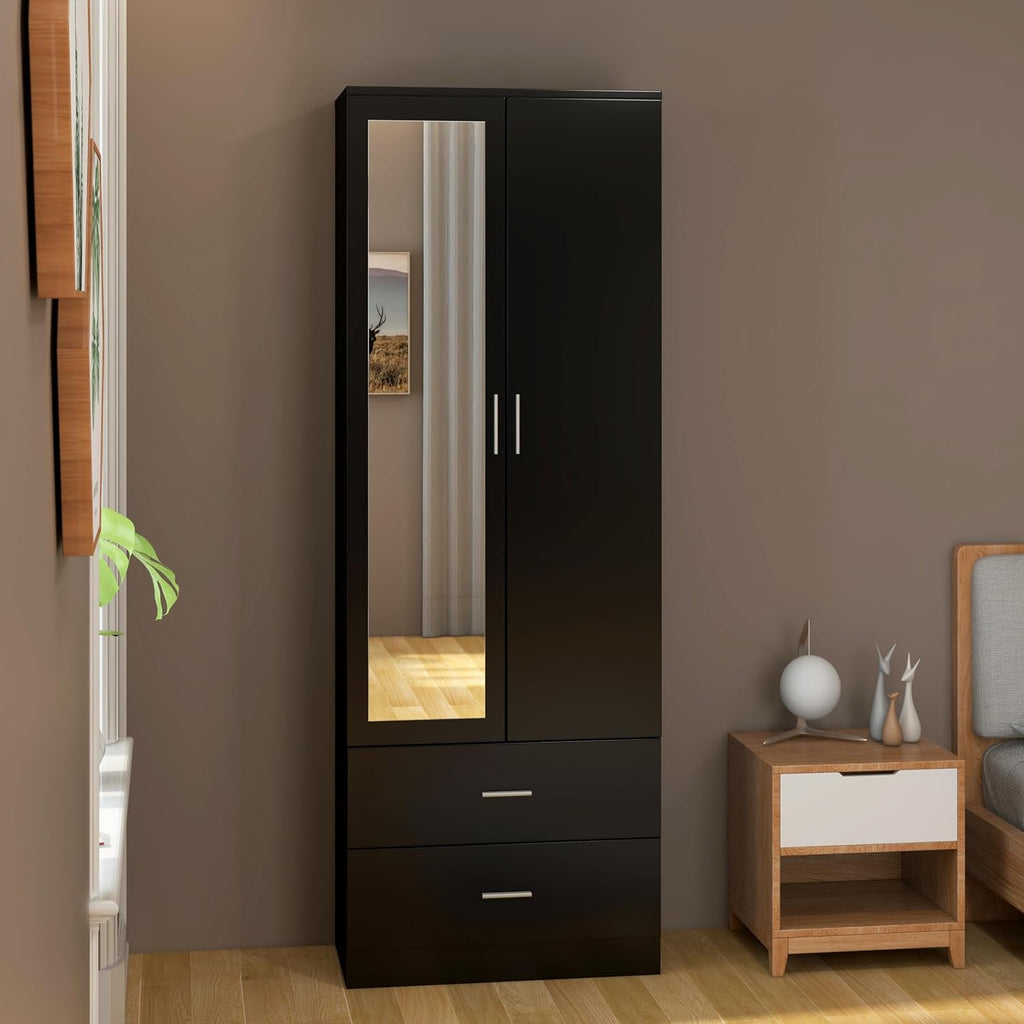 2 Door 2 Drawers Mirrored Wardrobe with Hanging Rail Wooden Clothes Storage Cupboards Unit for Bedroom Furniture 77 X 50 X 180 Cm (Black)