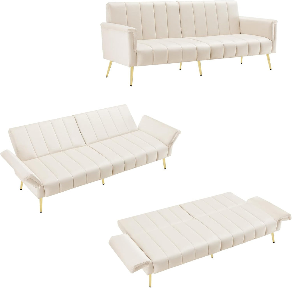 2 Seater Sofa Bed with Multi‑Position Backrest & Armrests, Velvet | Couch Bed Double with Metal Legs, Modern Loveseat Sofa for Living Room, Bedroom, Home Theater & Guest Room