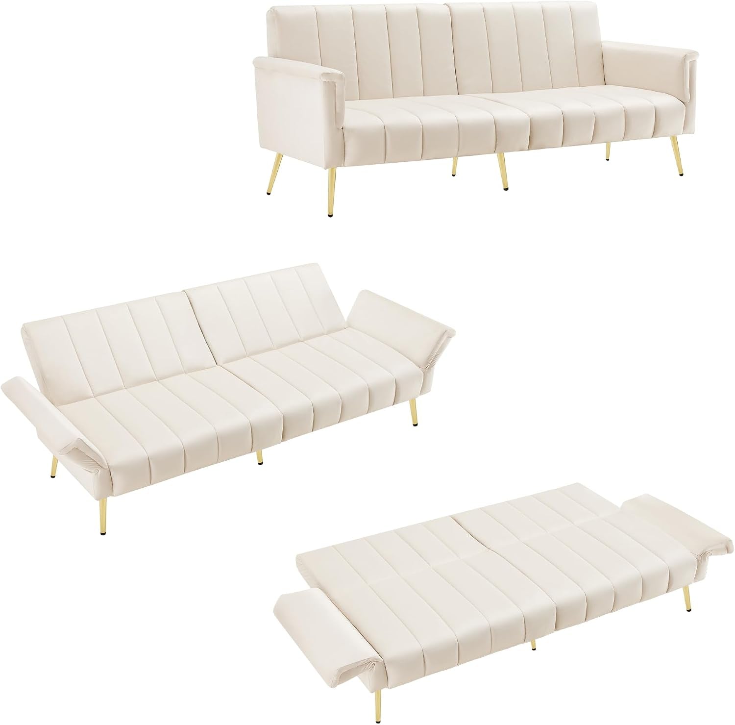 2 Seater Sofa Bed with Multi‑Position Backrest & Armrests, Velvet | Couch Bed Double with Metal Legs, Modern Loveseat Sofa for Living Room, Bedroom, Home Theater & Guest Room