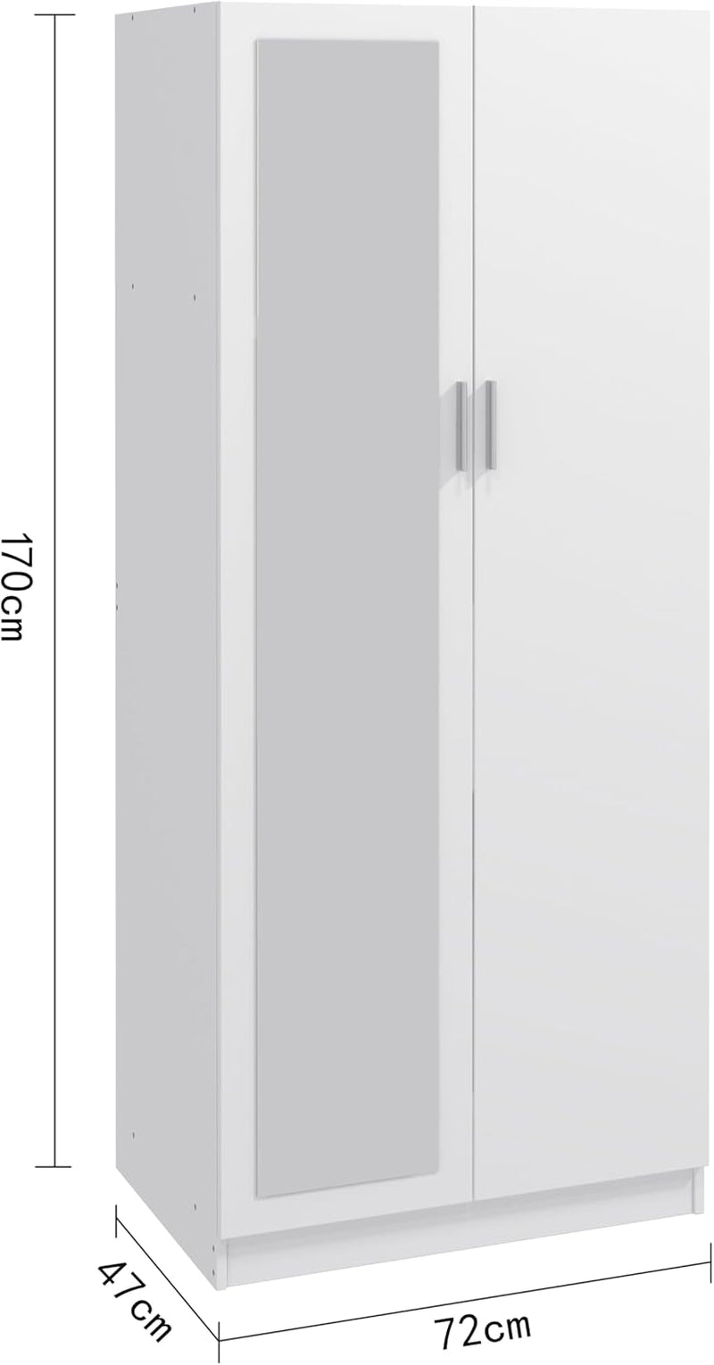 2 Door Mirrored Wardrobe with Hanging Rail Wooden Clothes Storage Cupboards Unit for Bedroom Furniture 72 X 47 X 170 Cm (White)