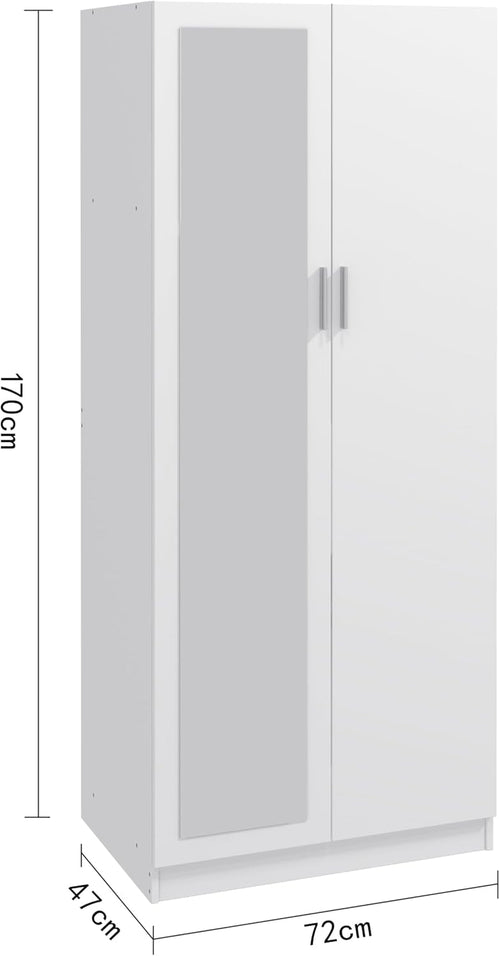 2 Door Mirrored Wardrobe with Hanging Rail Wooden Clothes Storage Cupboards Unit for Bedroom Furniture 72 X 47 X 170 Cm (White)