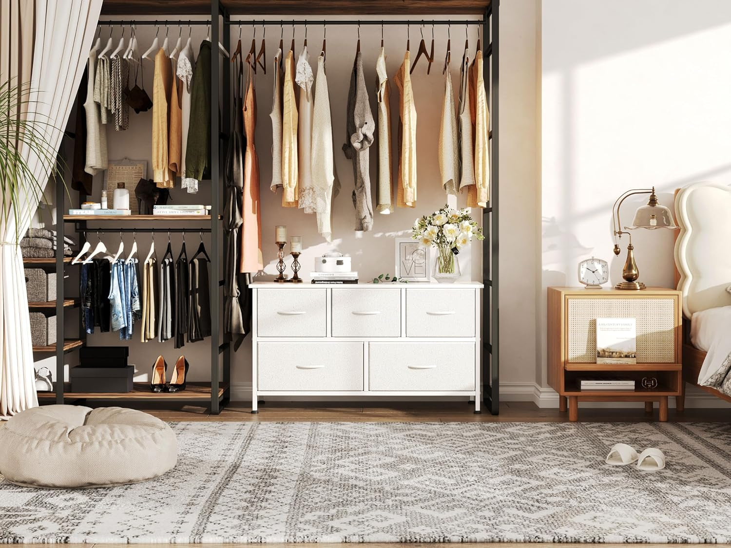 Chest of Drawers with 5 Drawers, White Fabric Dresser with Wood Top for Bedroom, Living Room, Large Storage Space