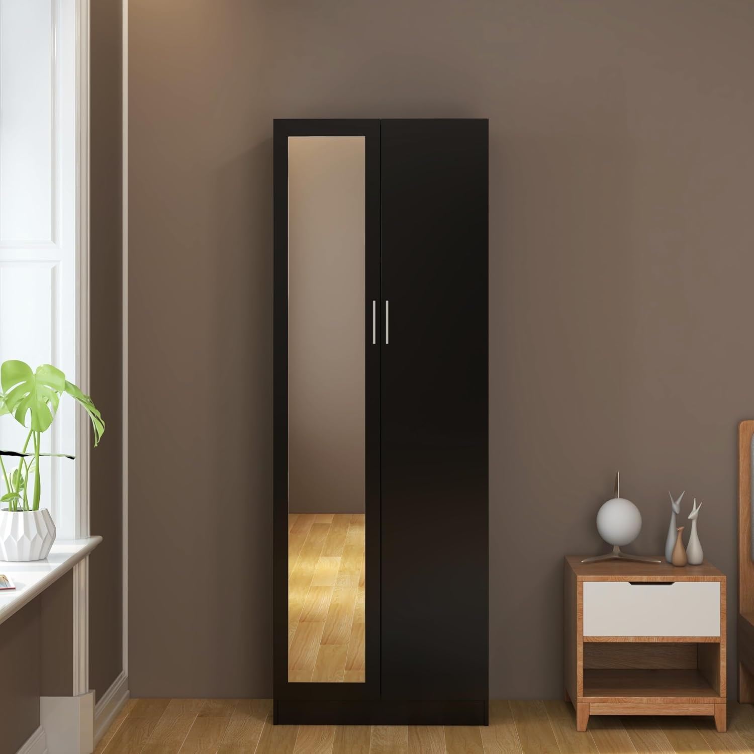 Wooden 2 Door Mirrored Wardrobe with Hanging Rail Modern Clothes Storage Cupboards Unit for Bedroom Furniture W 72 X D 47 X H 170 Cm (Black)