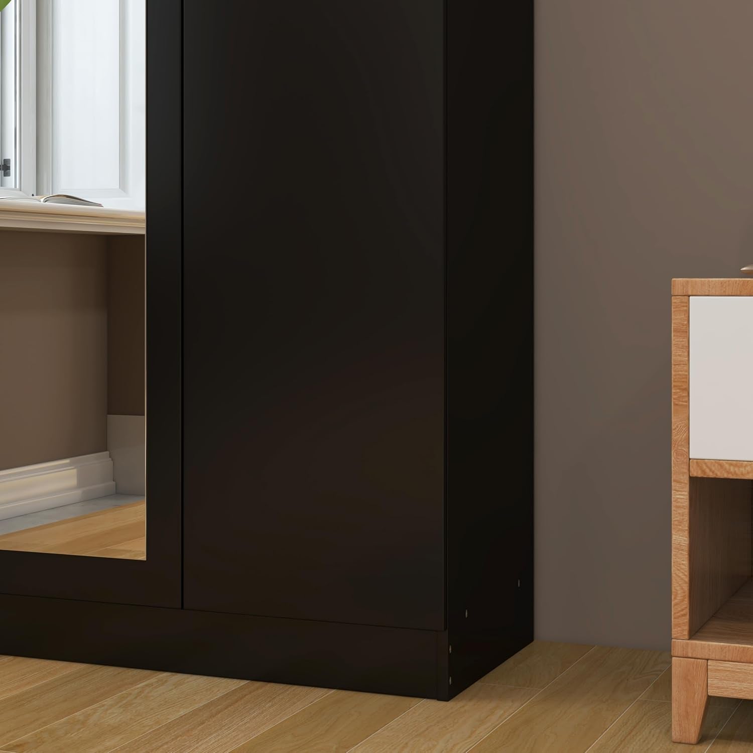Wooden 2 Door Mirrored Wardrobe with Hanging Rail Modern Clothes Storage Cupboards Unit for Bedroom Furniture W 72 X D 47 X H 170 Cm (Black)