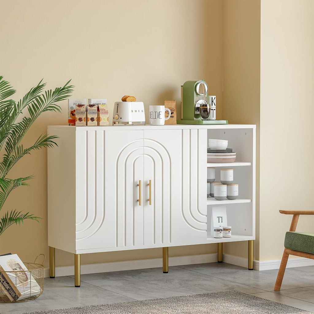 Sideboard with Curved Texture, Cream White, 110X35X82 Cm | Wooden Storage Cabinet with 2 Doors and 3 Tier Shelves, Kitchen Cupboard Storage, Buffet for Living Room Kitchen Hallway