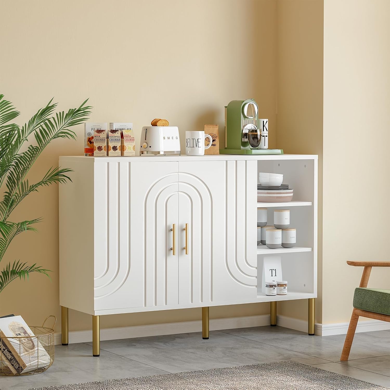 Sideboard with Curved Texture, Cream White, 110X35X82 Cm | Wooden Storage Cabinet with 2 Doors and 3 Tier Shelves, Kitchen Cupboard Storage, Buffet for Living Room Kitchen Hallway