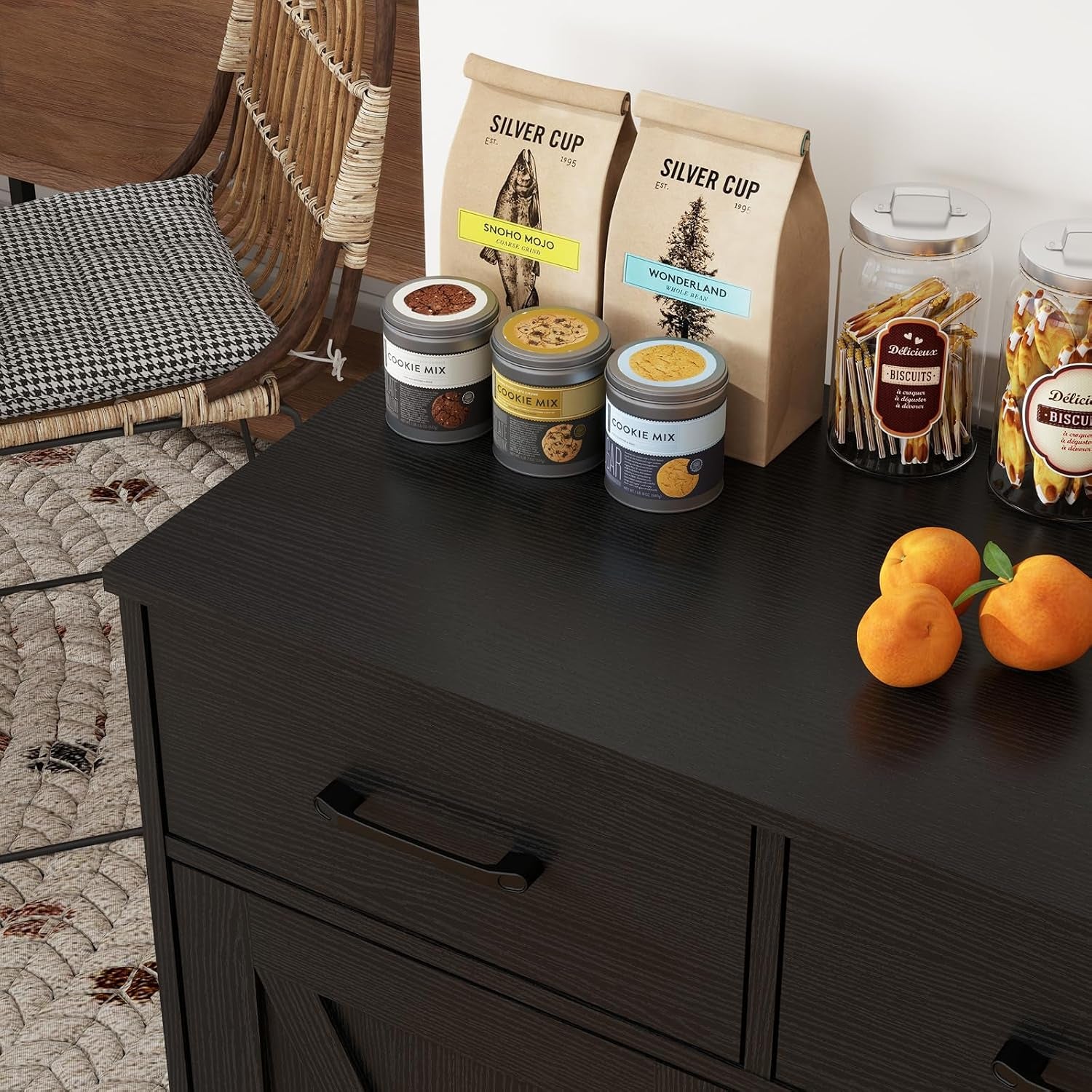 Wooden Sideboard 3 Drawers 3 Doors Entryway Dining Room Console Living Room Storage Farmhouse Sideboard Cabinet (Black)