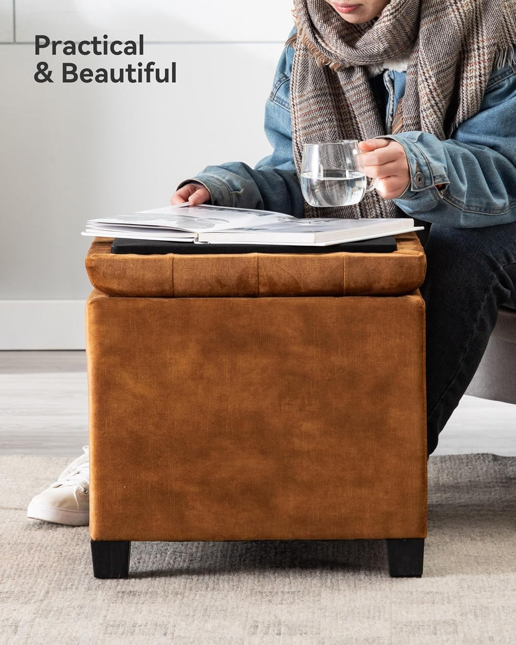 45Cm Velvet Storage Ottoman Footstool Pouffe with Lid (Mustard) | Cube Velvet Finish, Hidden Storage for Blankets and Toys, Padded Seat Comfort, Footstool and Extra Seating for Living Rooms