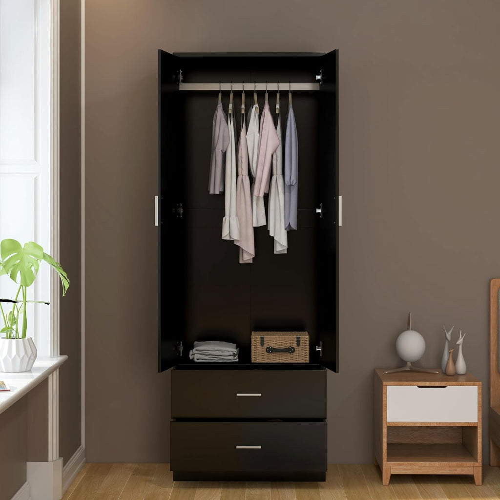 2 Door 2 Drawers Mirrored Wardrobe with Hanging Rail Wooden Clothes Storage Cupboards Unit for Bedroom Furniture 77 X 50 X 180 Cm (Black)