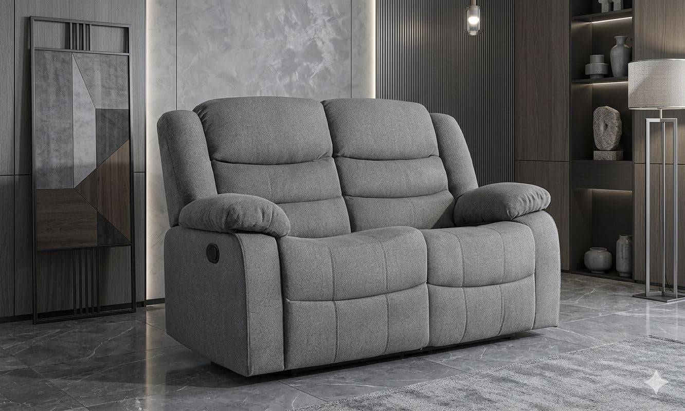 MNS Roma Fabric Reclining Sofa, Grey Fabric, 3+2 Seater with Cup Holders