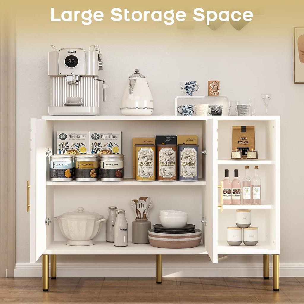 Sideboard with Curved Texture, Cream White, 110X35X82 Cm | Wooden Storage Cabinet with 2 Doors and 3 Tier Shelves, Kitchen Cupboard Storage, Buffet for Living Room Kitchen Hallway