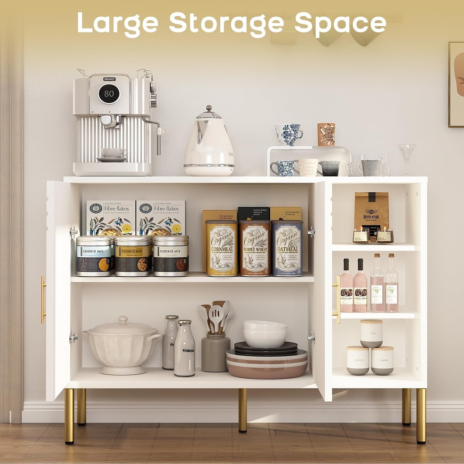 Sideboard with Curved Texture, Cream White, 110X35X82 Cm | Wooden Storage Cabinet with 2 Doors and 3 Tier Shelves, Kitchen Cupboard Storage, Buffet for Living Room Kitchen Hallway