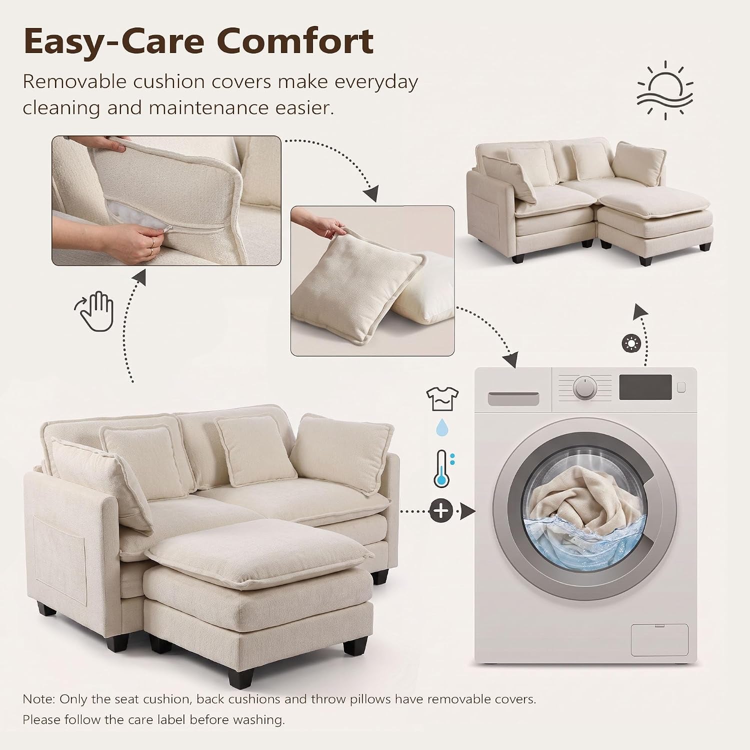 L Shaped Sofa, 162Cm Chenille 2 Seater with Ottoman, Begie | Deep-Seat Modular Design with a Movable Ottoman Footstool for Living Rooms, Bedrooms and Small Spaces