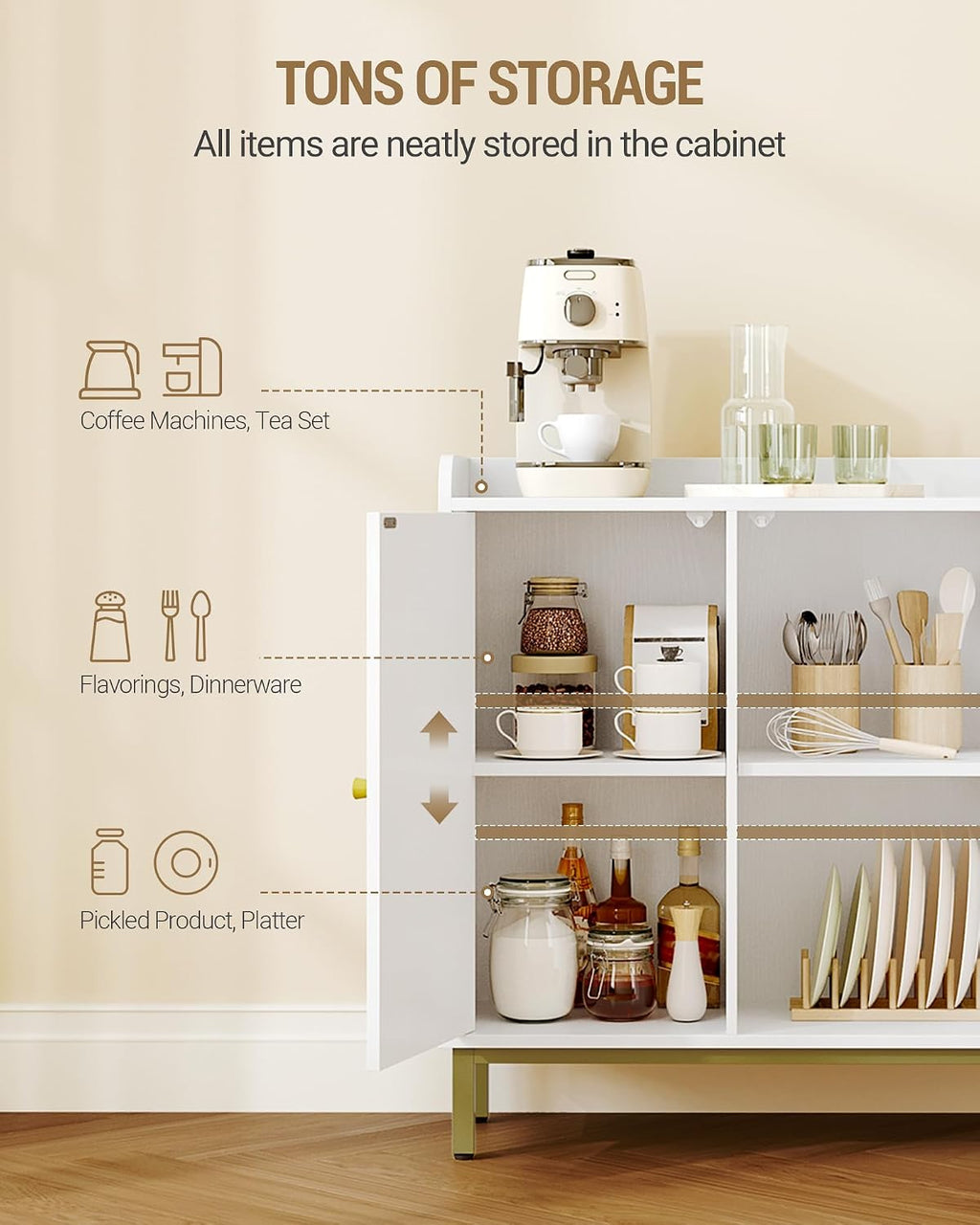 Sideboard Storage Cabinet, Kitchen Cabinets, 30 X 100 X 80.5 Cm | Freestanding Kitchen Cupboard Buffet with 2 Doors and Adjustable Shelves, for Dining Room, Living Room, White, SC21313G