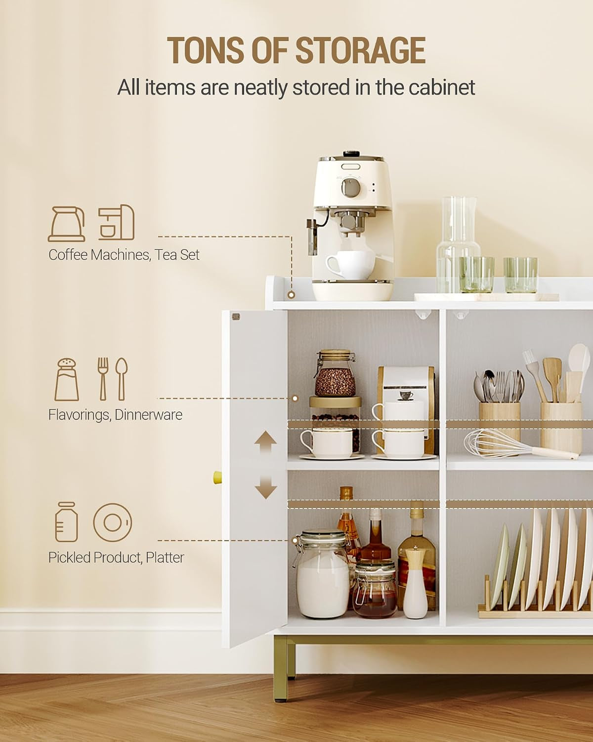 Sideboard Storage Cabinet, Kitchen Cabinets, 30 X 100 X 80.5 Cm | Freestanding Kitchen Cupboard Buffet with 2 Doors and Adjustable Shelves, for Dining Room, Living Room, White, SC21313G