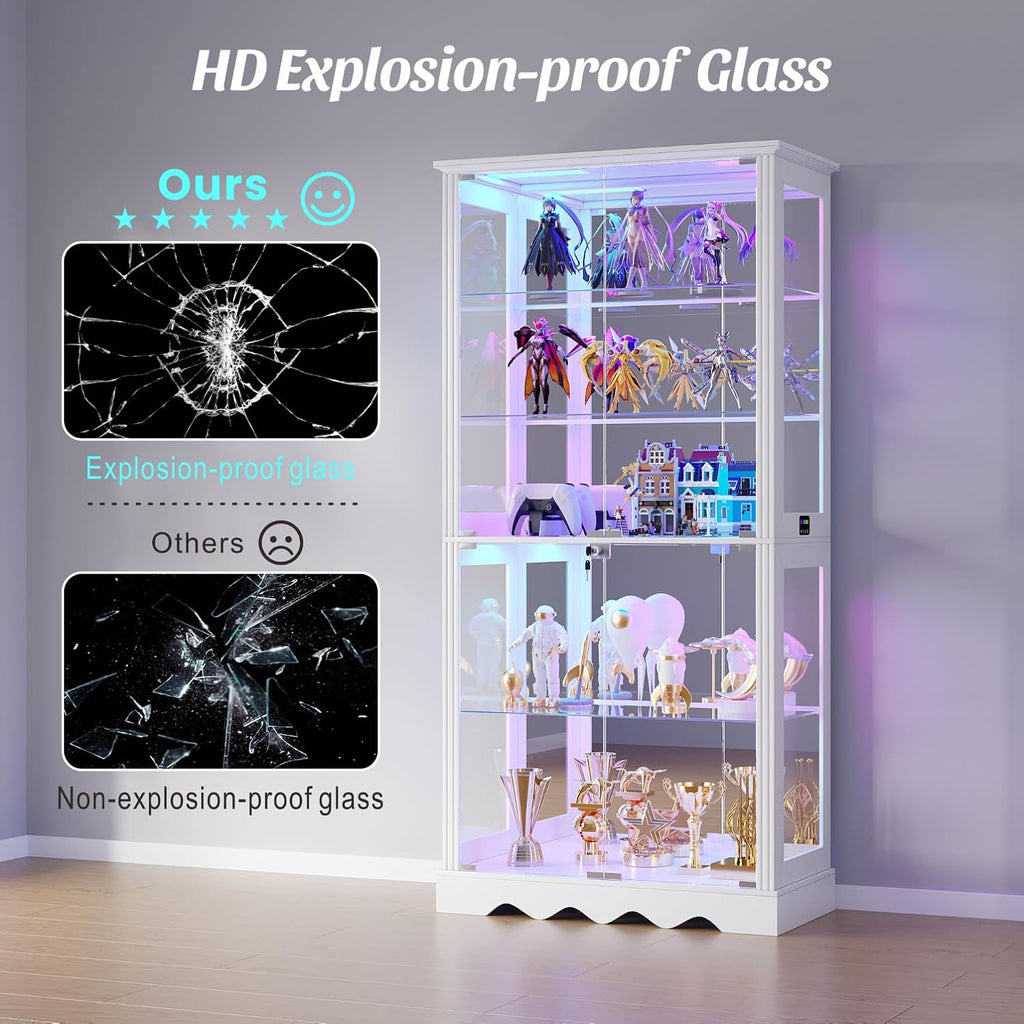 Glass Display Cabinet with Lock and RGB Lights, 5-Tier, White | Curio Display Case with Glass Doors, with Adjustable Shelf and Human Sensor Design, for Collectibles/ Toys/ Books