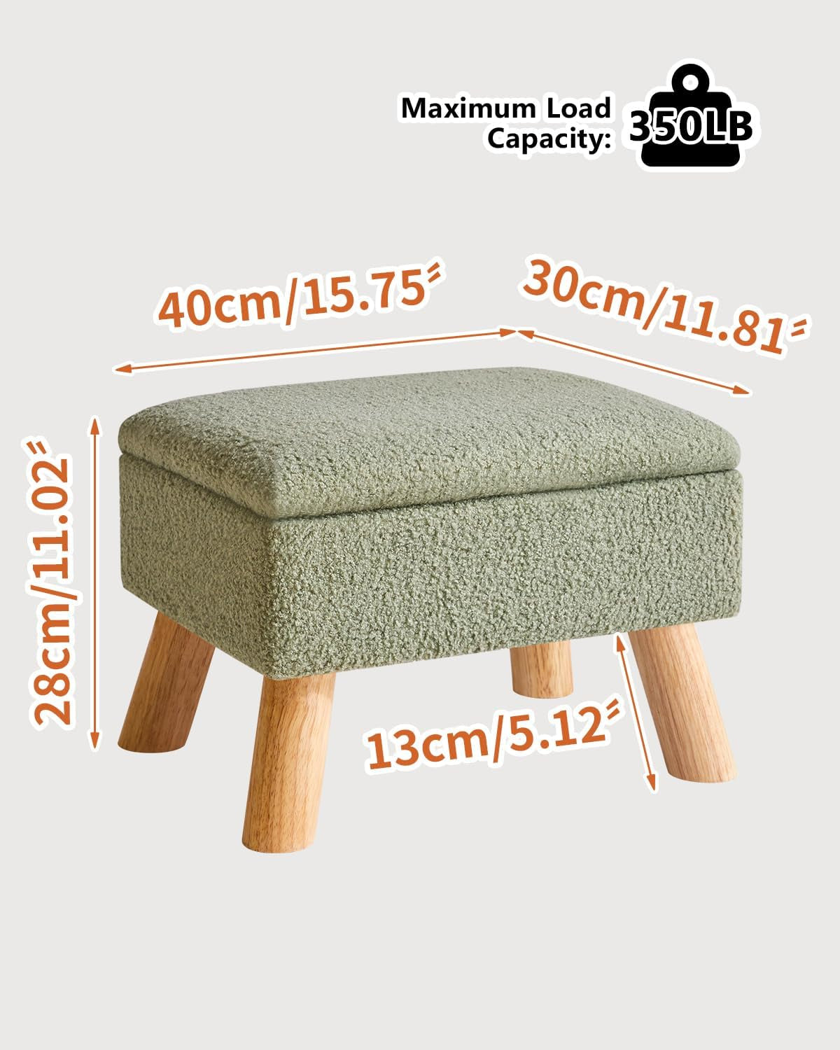 Storage Ottoman, Footstool, Small Foot Stool with Sturdy Wood Legs Stool, Foot Rest with Padded Seat, for Living Room Bedroom Couch Enterway 40 ×30 ×28CM Green HBD042GR