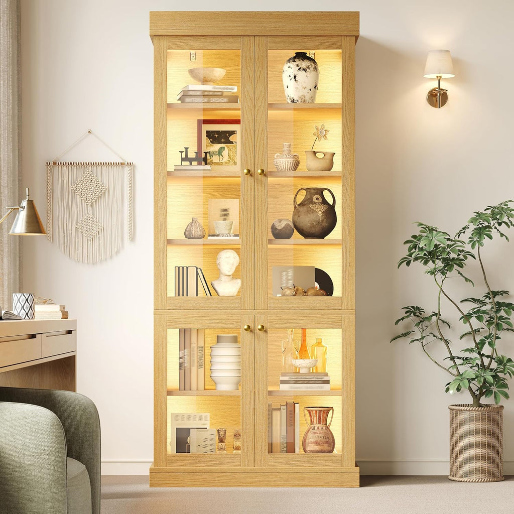 Modern Display Cabinets with Glass Doors & LED Lights, Freestanding Bookcase/Cabinet for Living Room, Oak Colour