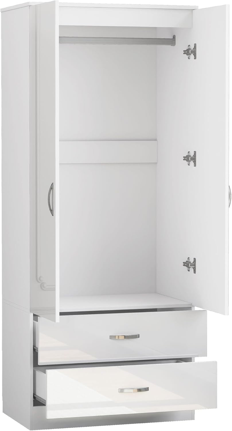 Gloss 2 Door Wardrobe with Mirror N Drawer 180Cm for Bedroom Storage, Gloss White(Matt White)