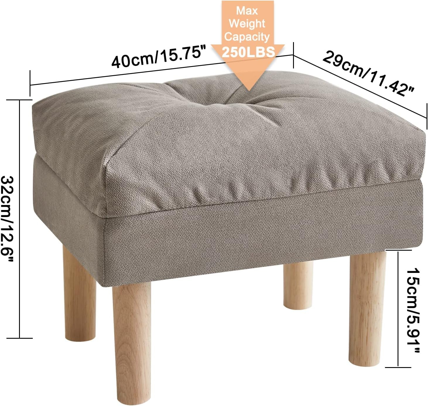 Foot Stool, Ottoman Small, Chair with Sponge Padded Seat, Footrest, Shoes Changing Wooden Stool for Living Room, Bedroom, Entryway, 40×29×32CM, Grey HBD023G
