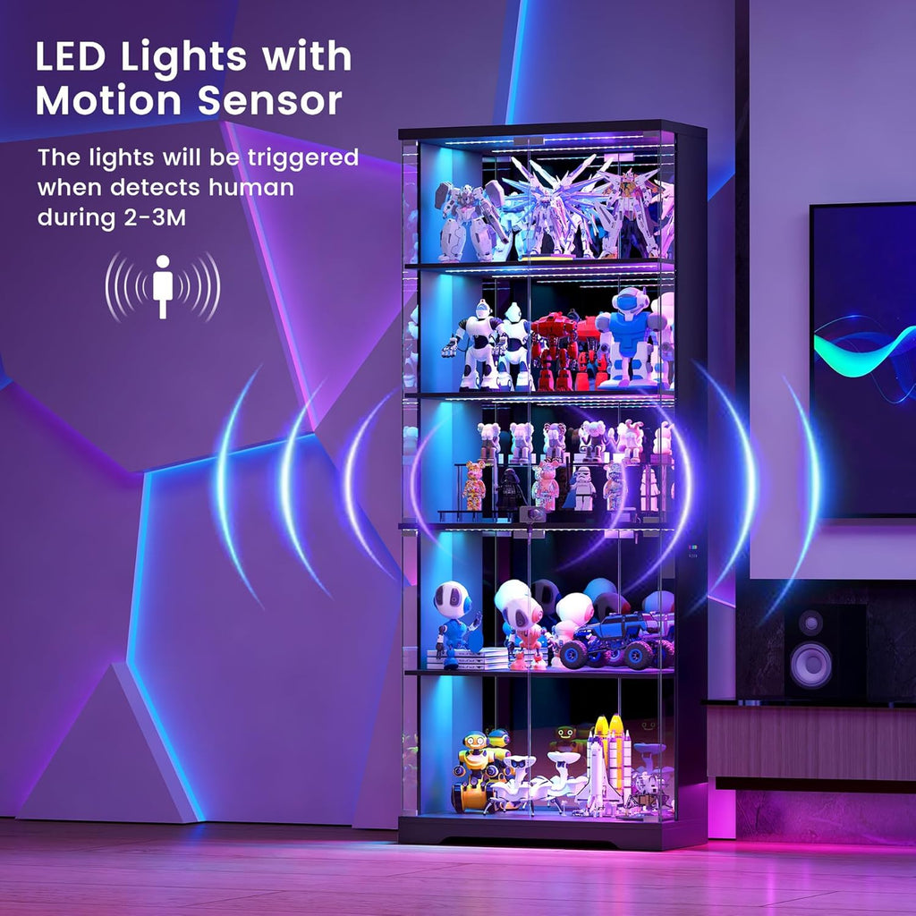 RGB Display Cabinet with Glass Doors, 175CM, Black | RGB Lights, 5-Tier Lockable Shelves for Collectibles/Figures/Books, Smart Human Sensor, for Living Room, Gaming Room