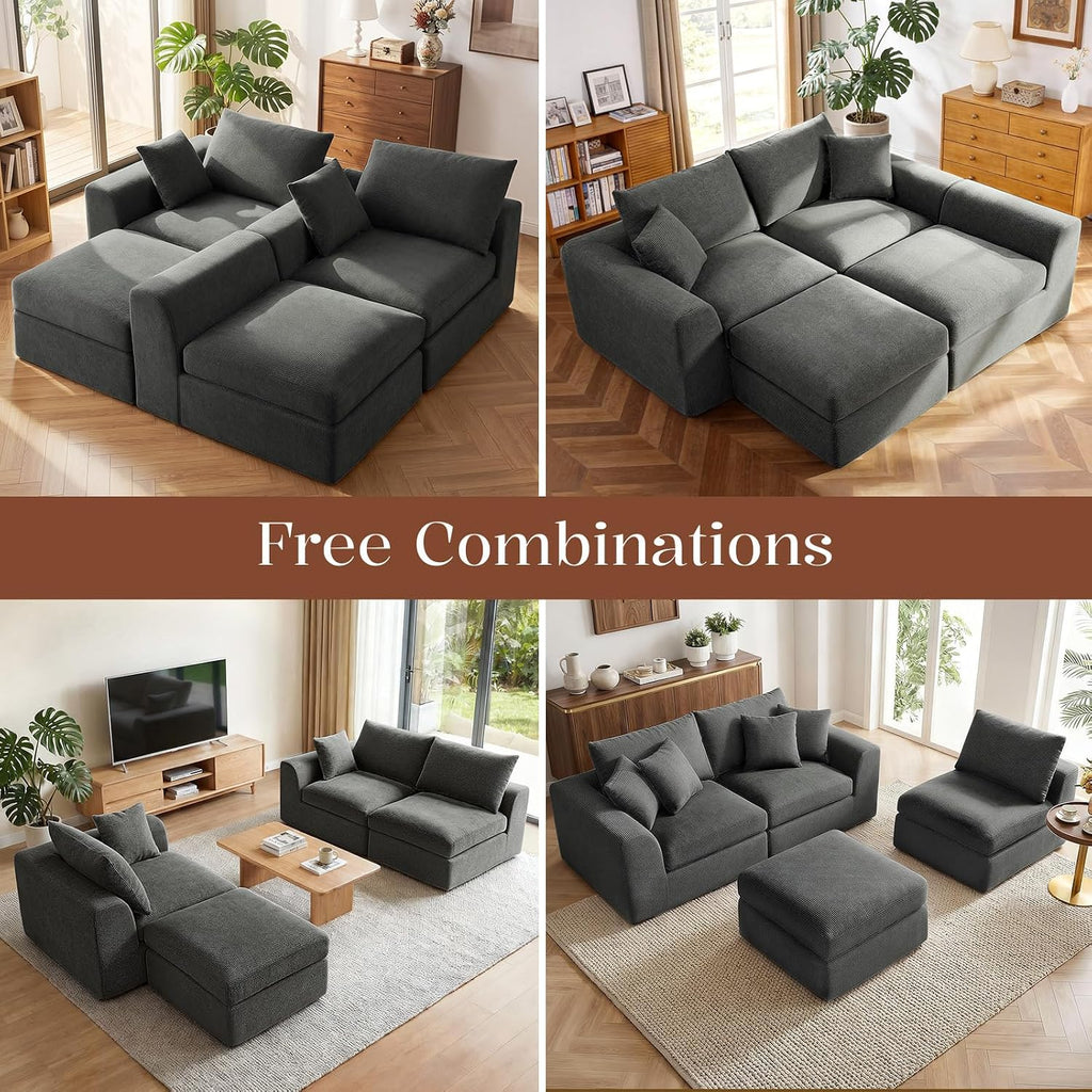 106" Modular Cloud Sectional Boneless Sofa with Movable Ottoman | Convertible L-Shaped Sectional Couches, Easy Assembly & Relocation for Living Room, Dark Gray