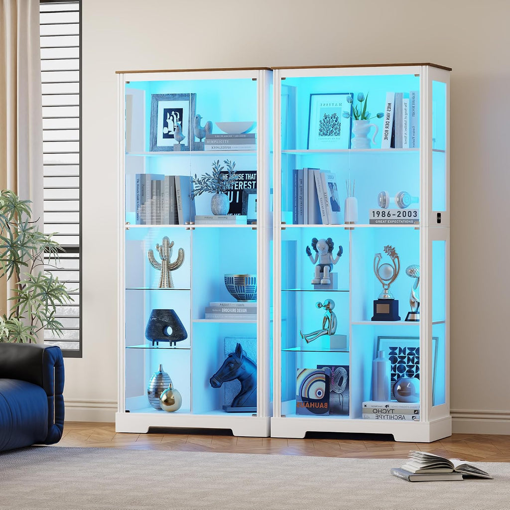 180Cm LED Display Cabinet with Glass Doors for Collectibles,White | Curio Cabinet with Glass Shelf,6-Tier Display Cases with 3 Color Lights and Human Body for Bedroom,Books,Toys