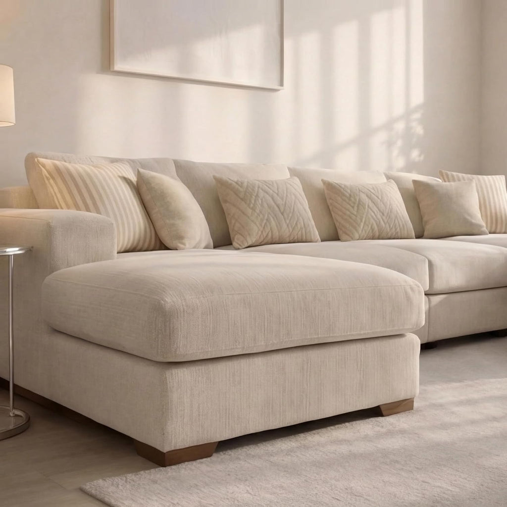 Sofaya Linen U Shaped Plain Sofa Full Back Sectional Chaise Sofa – Upholstered Fabric Couch with Cushions 4-5 Seater Sofa for Living Rooms (Cream Linen, U-Shaped Sofa)